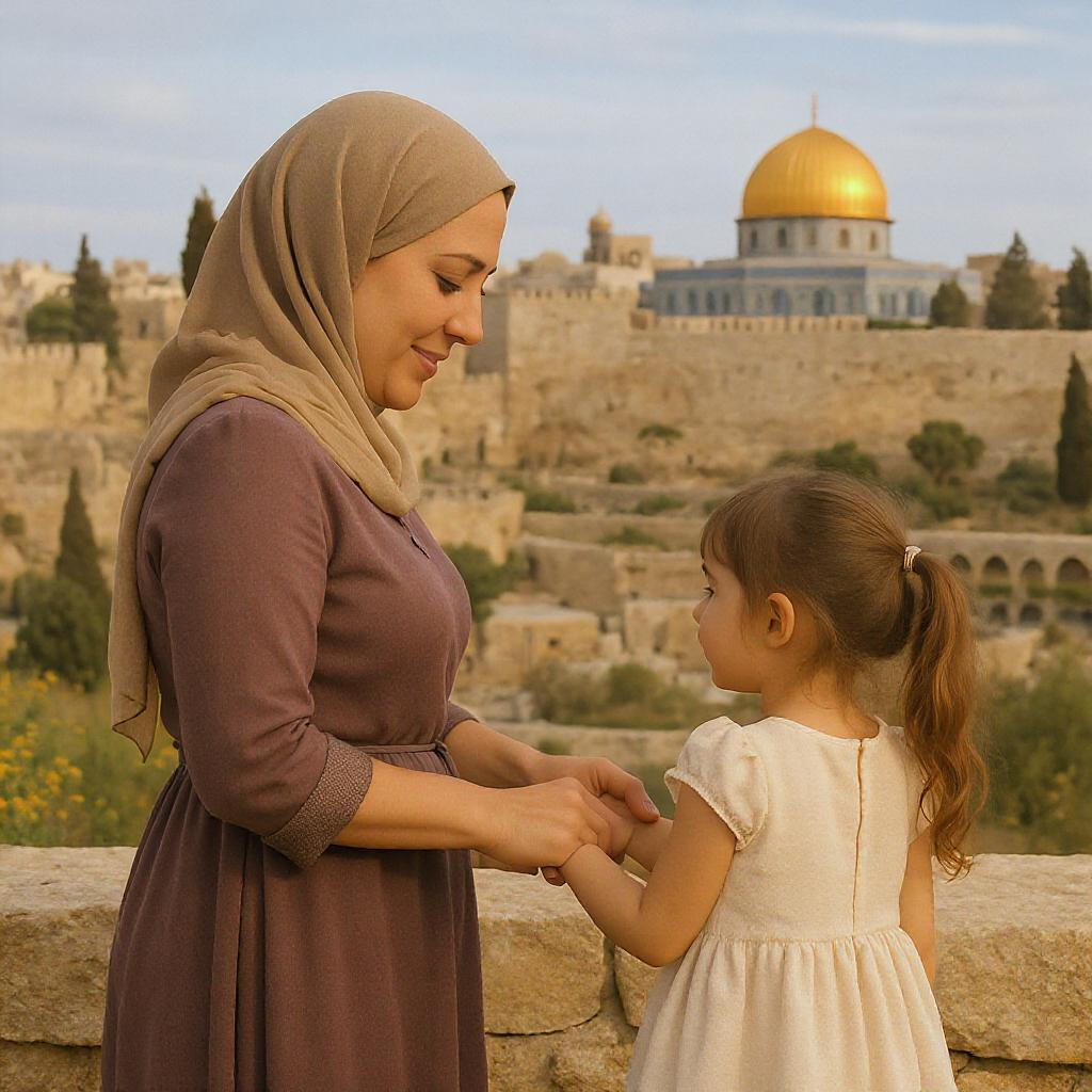 امرأة محجبة مع طفلة في القدس مع قبة الصخرة في الخلفية